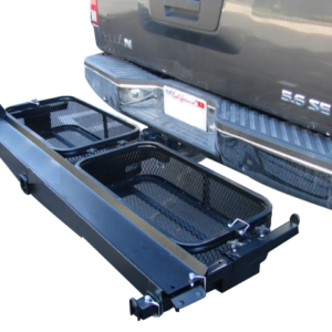 dirt bike motorcycle tow hitch carrier rack with storage cargo baskets front side view
