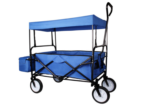 Folding Utility BlueFoldable Utility Wagon Cart w/ Removbale Canopy Top for Beach, Camping, Groceries