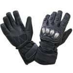 Black Leather and Nylon Gauntlet Motorcycle Racing Gloves