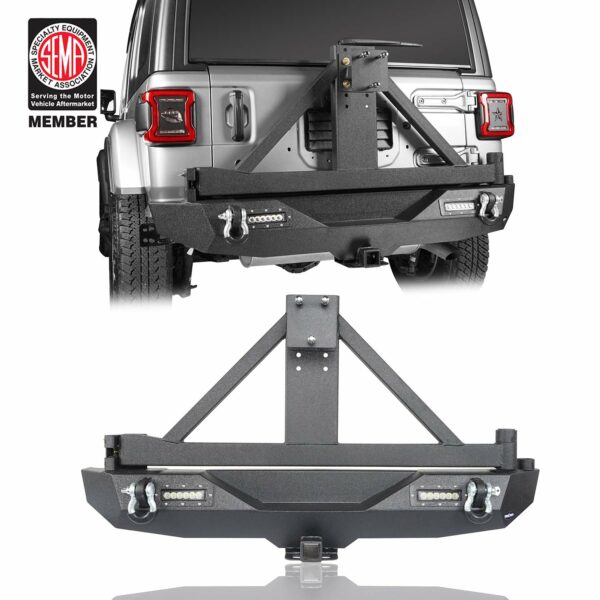 07-16 Jeep Wrangler Rear Bumper Tire Carrier + 2X 20W LED Lights + D-Ring Front