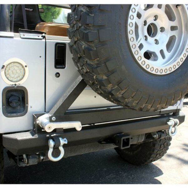 87-06 Jeep Wrangler YJ TJ Rock Crawler Rear Bumper & Swing Tire Carrier with D Rings Installed Side