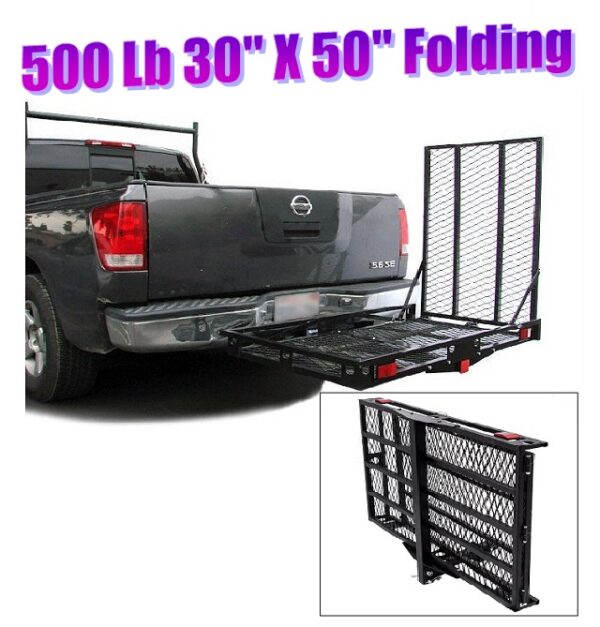 XL Steel 50″x30″ Foldable Hitch Carrier Rack Lift for Power Wheelchair Mobility Scooter with Folding Loading Ramp – 500 lbs