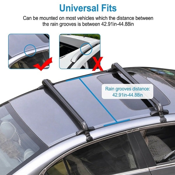 Universal fit roof top rack aluminum cross bars with lock clamp on vehicles window frame.