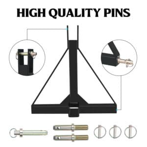 Equipped with lifting pins that are 7/8 inches in diameter to fit all Category 1 tractors Standard 2″ trailer receiver