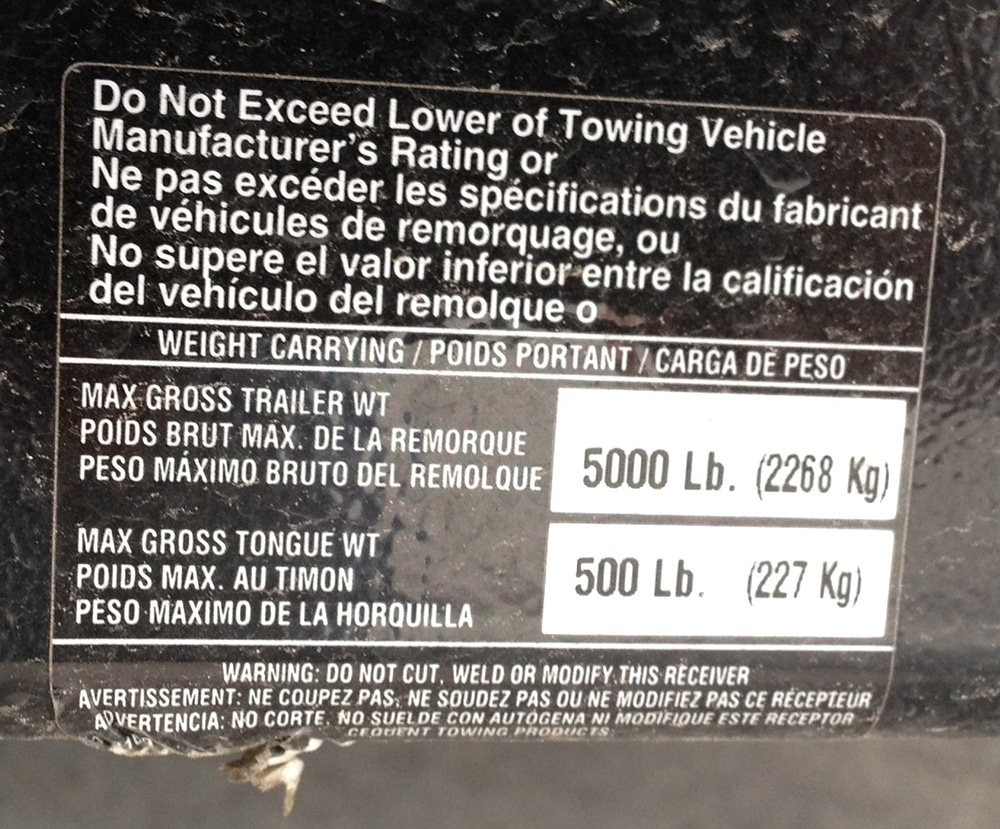 Trailer Tow Hitch Towing and Tongue Weight Capacity Rating Label