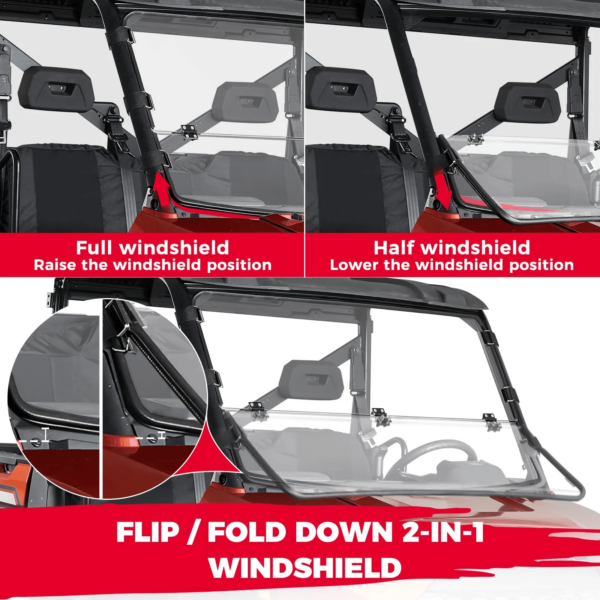 2-IN-1 Flip Up Fold Down Full Windshield Fit Polaris Ranger 1000 / XP 1000 / Crew 2017-2023
