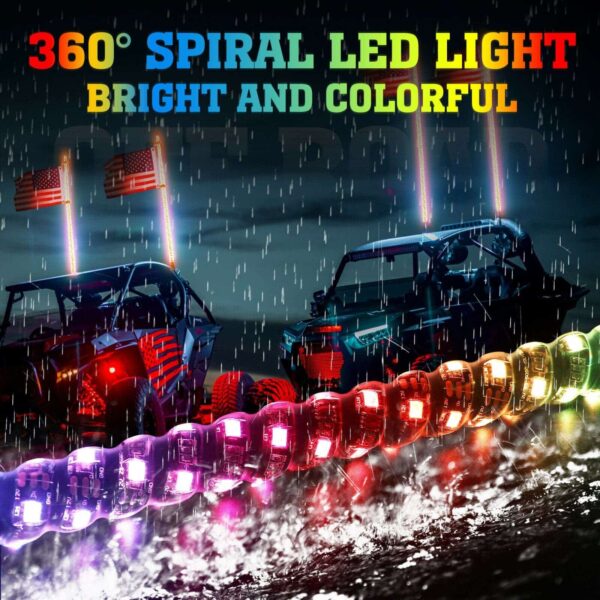 2 Pc LED Spiral Whip Lights with RF Remote Control or Bluetooth Compatible Can Am CanAm Polaris ATV/UTV/RZR - 5 FT 360 DEGREE SPIRAL